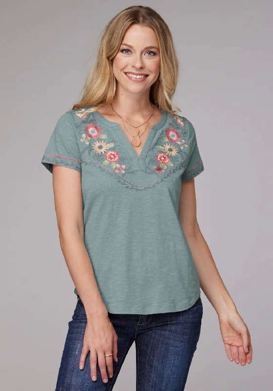 Roper Womens Floral Split V Blue 100% Cotton S/S T-Shirt Cozy Warm Stylish