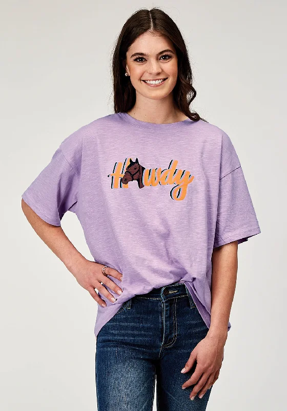 Roper Womens Howdy Horse Lilac 100% Cotton S/S T-Shirt Embroidered Appliqued Beaded