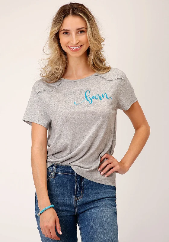 Roper Womens Love You Barn Grey Poly/Rayon S/S T-Shirt Print Jacquard Patchwork
