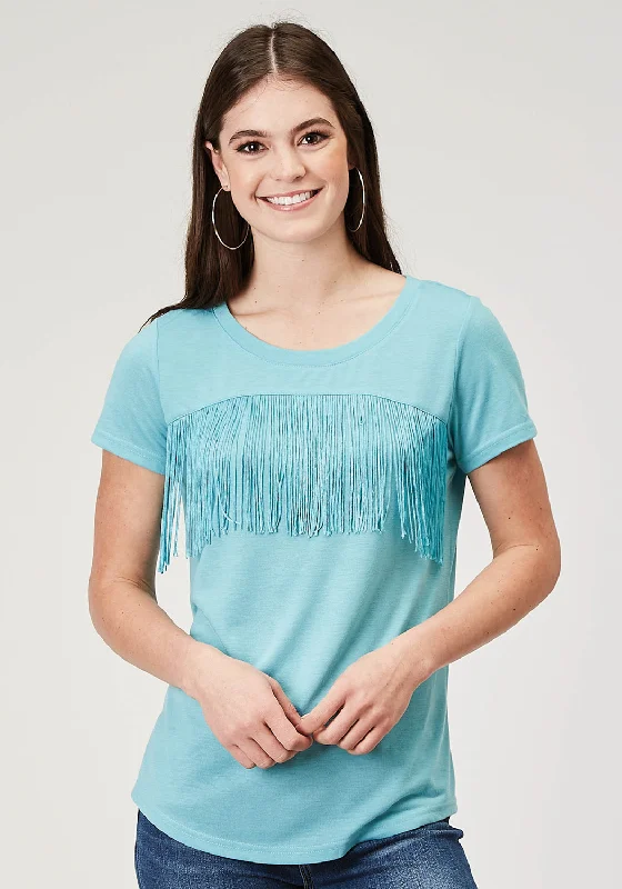 Roper Womens Matching Fringe Light Blue Poly/Cotton S/S T-Shirt Fleece Fabric Down Fabric Feather Fabric