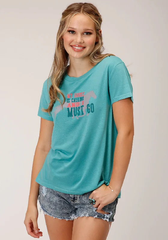Roper Womens My Horse is Calling Blue Poly/Rayon S/S T-Shirt Spandex Blend Rayon Blend Denim Blend
