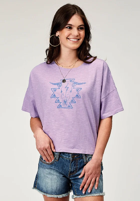 Roper Womens Southwest Longhorn Lilac 100% Cotton S/S T-Shirt Striped Floral Plaid