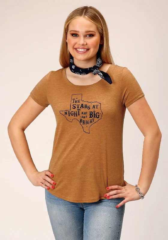 Roper Womens Stars Big and Bright Tobacco Brown Poly/Rayon S/S T-Shirt Handmade Hand-knitted Hand-woven