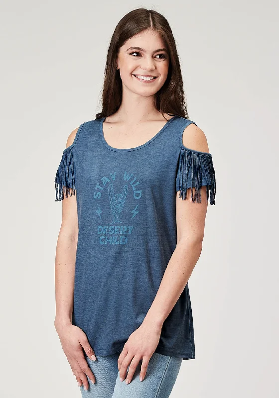 Roper Womens Stay Wild Navy Poly/Cotton Cold Shoulder S/S T-Shirt Mesh Blend Leather Blend Suede Blend