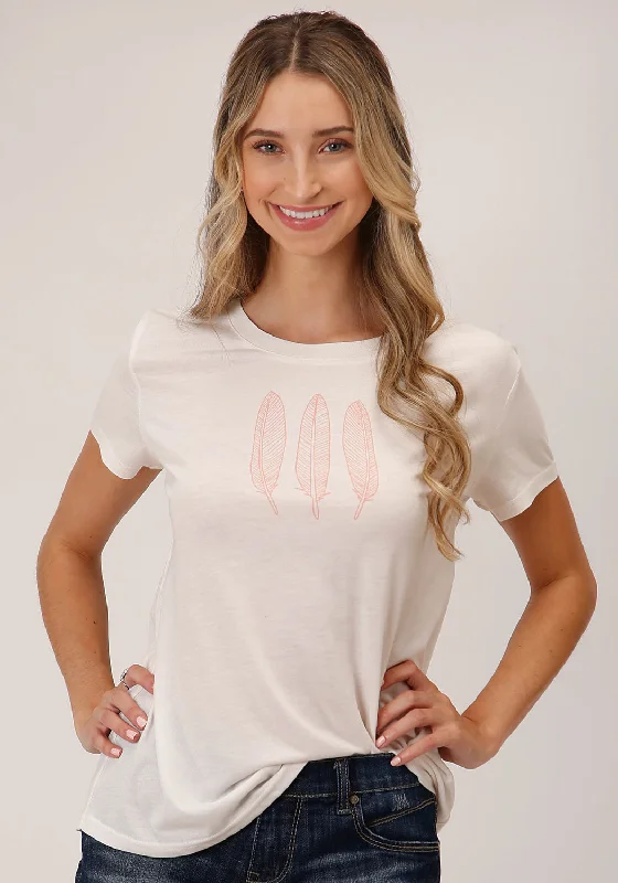 Roper Womens Three Feathers White Poly/Rayon S/S T-Shirt Cashmere Blend Cotton Blend Poly Blend