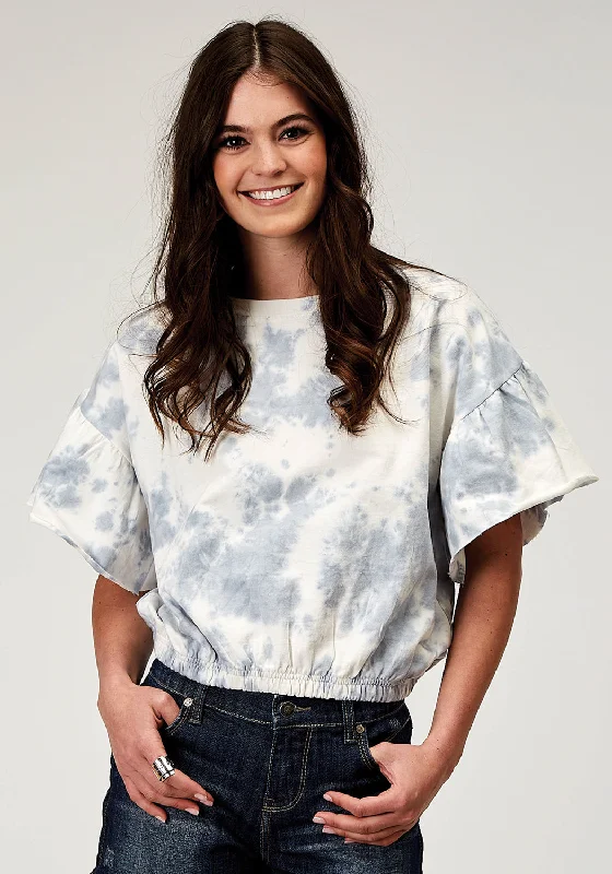 Roper Womens Tie Dye French Terry Blue 100% Cotton S/S T-Shirt Ribbed T-Shirt High Neck Heavyweight