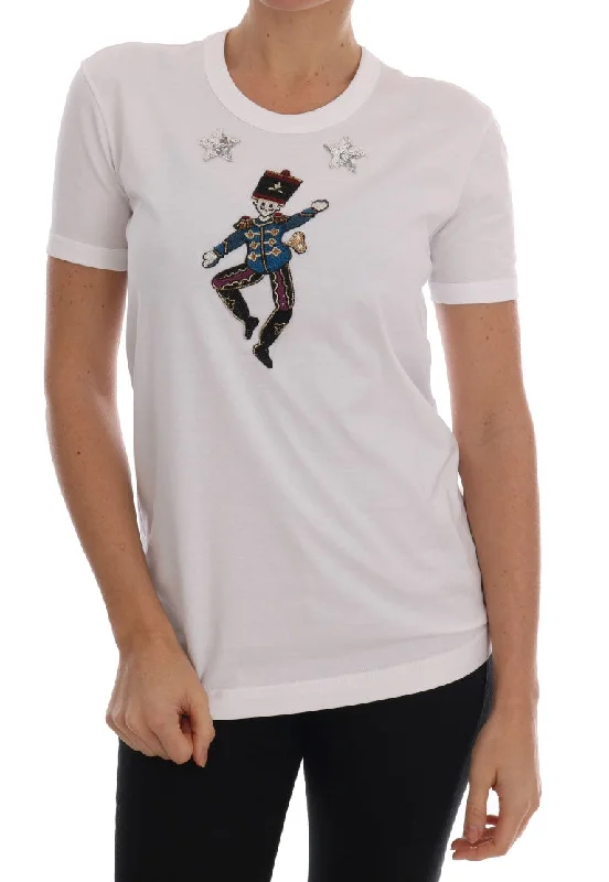 Sequined Fairy Tale Cotton T-Shirt Asymmetrical Pockets Print