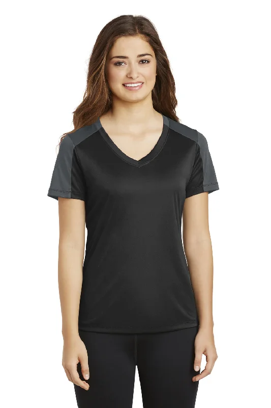 Sport-Tek Womens Competitor Moisture Wicking Short Sleeve V-Neck T-Shirt - Black/Iron Grey - Closeout