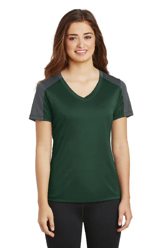 Sport-Tek Womens Competitor Moisture Wicking Short Sleeve V-Neck T-Shirt - Forest Green/Iron Grey - Closeout