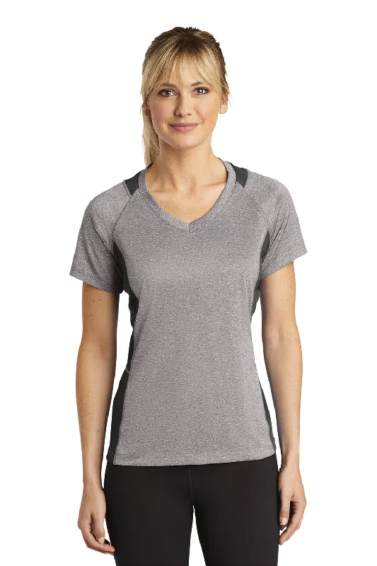 Sport-Tek Womens Contender Heather Moisture Wicking Short Sleeve V-Neck T-Shirt - Heather Vintage Grey/Black