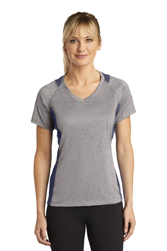 Sport-Tek Womens Contender Heather Moisture Wicking Short Sleeve V-Neck T-Shirt - Heather Vintage Grey/True Navy Blue