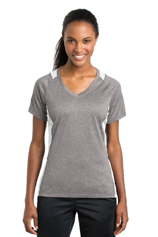 Sport-Tek Womens Contender Heather Moisture Wicking Short Sleeve V-Neck T-Shirt - Heather Vintage Grey/White - Closeout