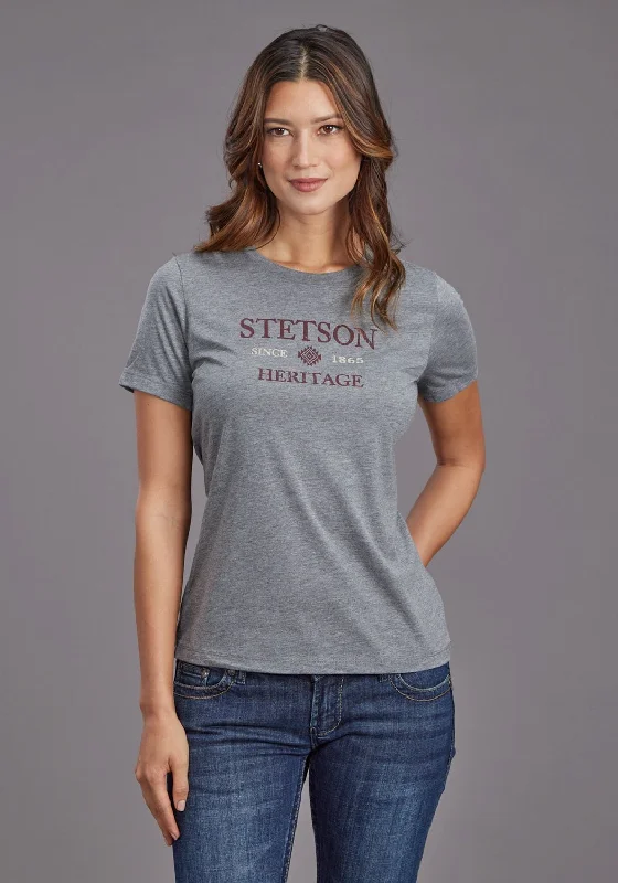 Stetson Womens Heritage Aztec Grey Cotton Blend S/S T-Shirt Basic T-Shirt Crew Neck Short Sleeve