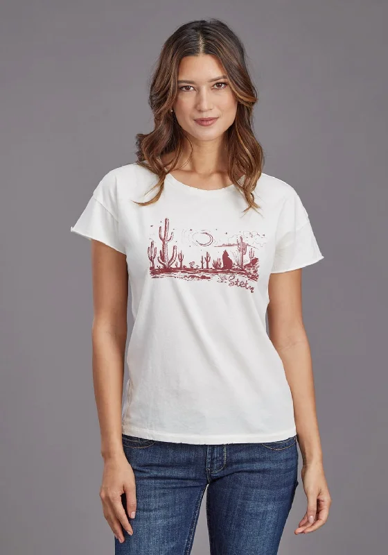 Stetson Womens Howling at the Moon White 100% Cotton S/S T-Shirt Cashmere Blend Cotton Blend Poly Blend