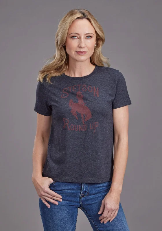 Stetson Womens Round Up Black Cotton Blend S/S T-Shirt Wool Fabric Cashmere Fabric Tweed Fabric