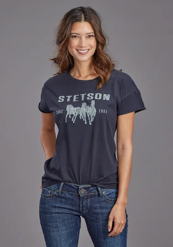 Stetson Womens Running Horses Black 100% Cotton S/S T-Shirt Fitted T-Shirt Seamless Stretchy