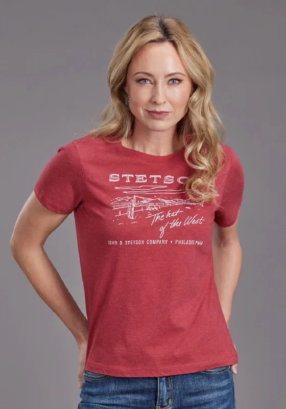 Stetson Womens The Hat Of The West Red Cotton Blend S/S T-Shirt Zippered Buttoned Snapped