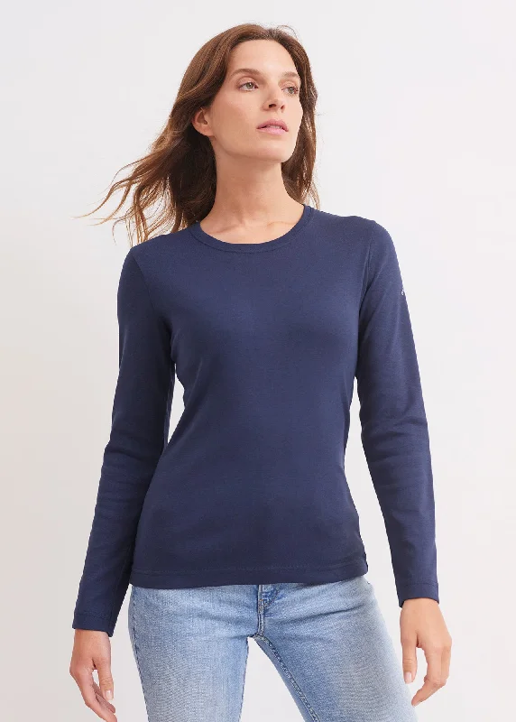 T-shirt manches longues Celina - col rond, en coton uni (MARINE) Boxy Fit Fitted Loose
