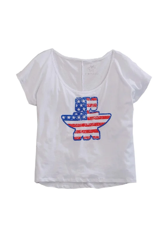 Tin Haul Womens Anvil Flag White Cotton Blend S/S T-Shirt Graphic Embroidered Appliqued