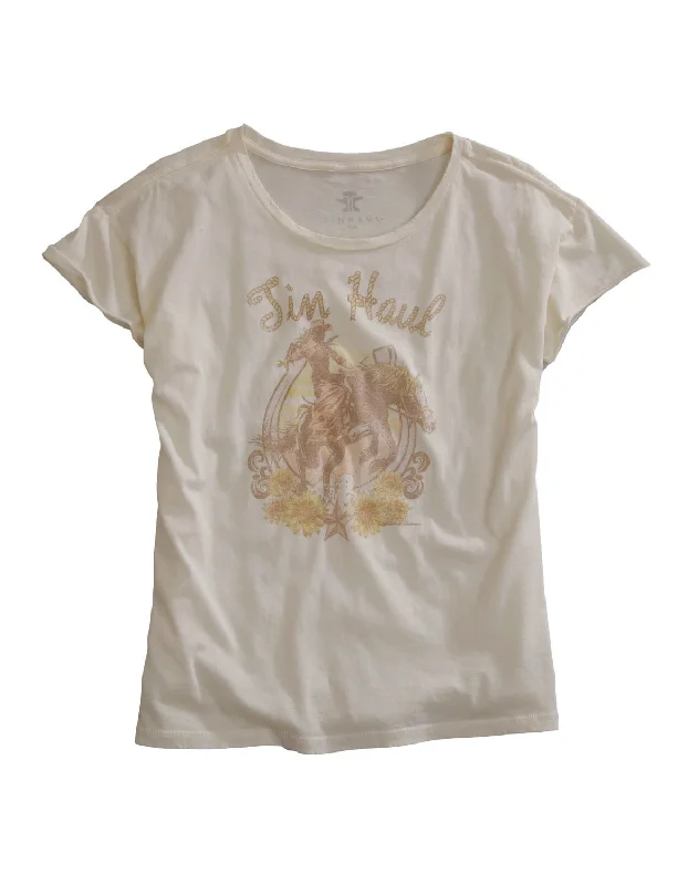 Tin Haul Womens Buckin Cowgirl White 100% Cotton S/S T-Shirt Sequined Glittery Shiny
