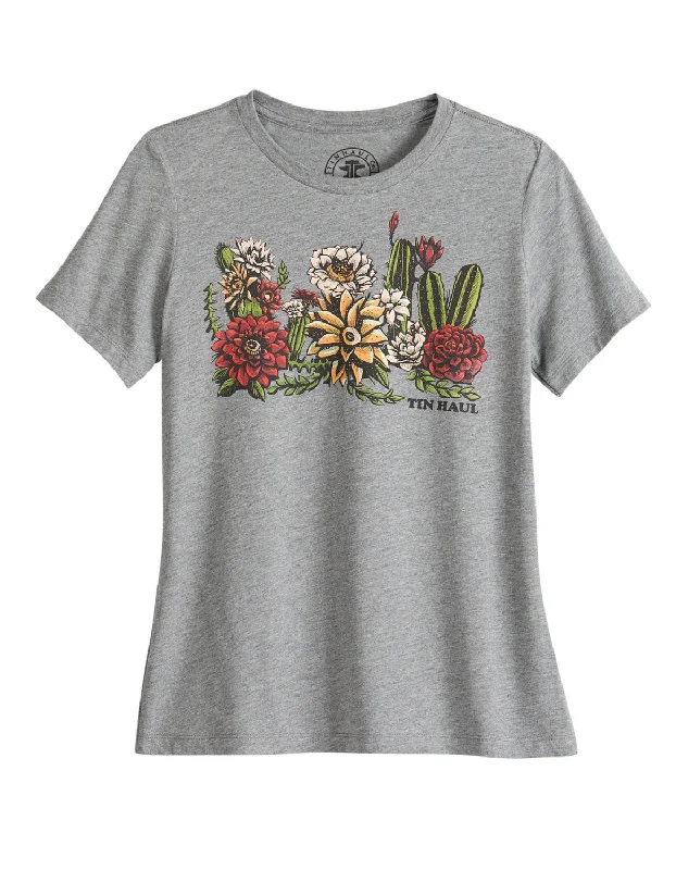 Tin Haul Womens Cactus Garden Grey Cotton Blend S/S T-Shirt Striped Floral Plaid