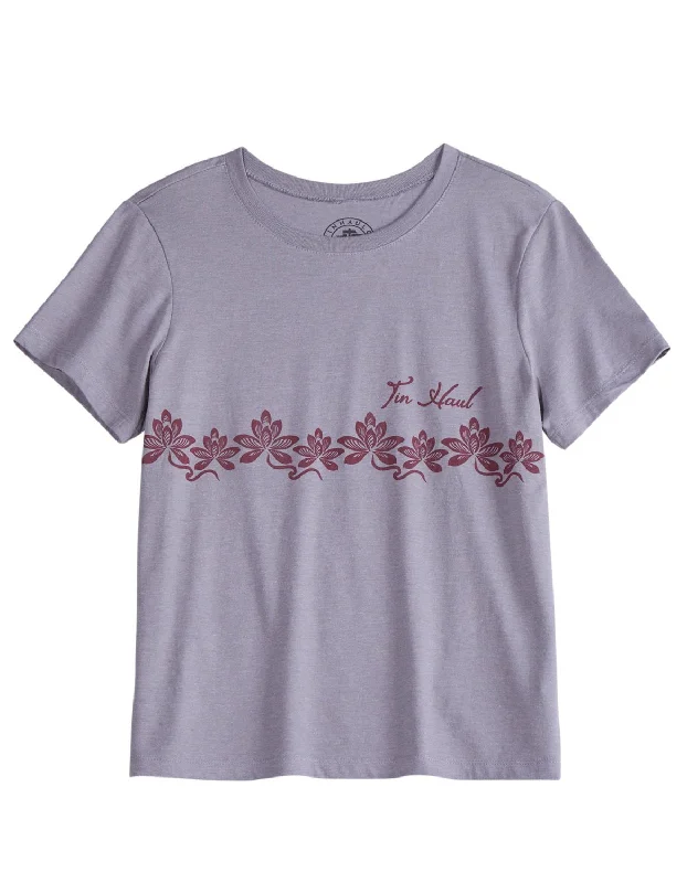 Tin Haul Womens Floral Border Grey Cotton Blend S/S T-Shirt Lace Blend Ribbed Blend Corduroy Blend