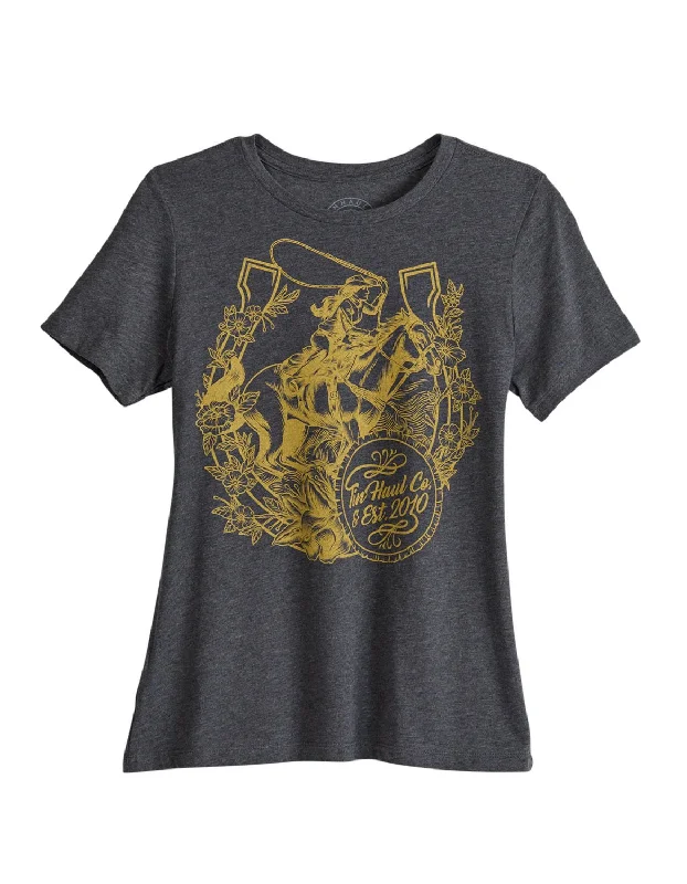 Tin Haul Womens Girl Horse and Horseshoe Grey Cotton Blend S/S T-Shirt Polka Dot Checkered Tartan