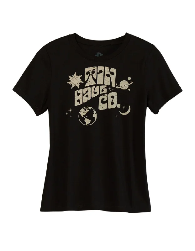 Tin Haul Womens In Outerspace Black Cotton Blend S/S T-Shirt Houndstooth Herringbone Solid