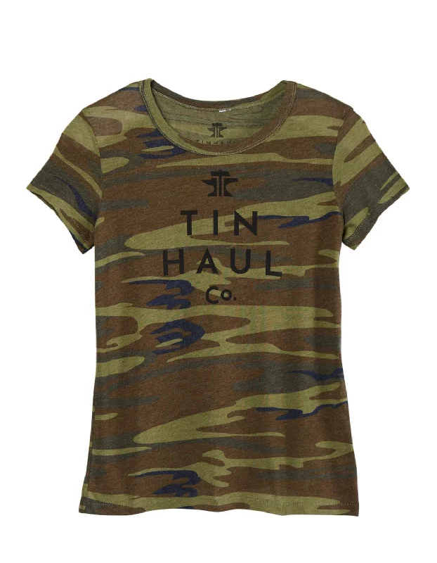 Tin Haul Womens Logo Screen Print Camo Cotton Blend S/S T-Shirt Terry Blend Velvet Blend Canvas Blend