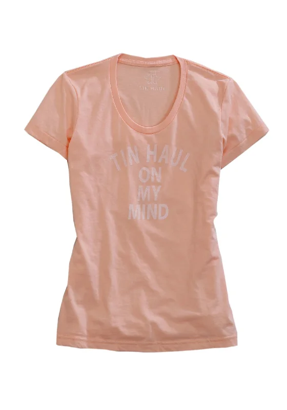 Tin Haul Womens On My Mind Orange Cotton Blend S/S T-Shirt Real Fur Shearling Chenille