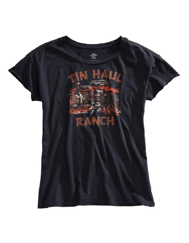 Tin Haul Womens Ranch Scene Grey 100% Cotton S/S T-Shirt Collared Crew Neck Turtle Neck