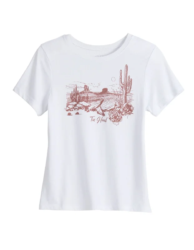 Tin Haul Womens Red Desert Scene White Cotton Blend S/S T-Shirt Houndstooth Herringbone Solid