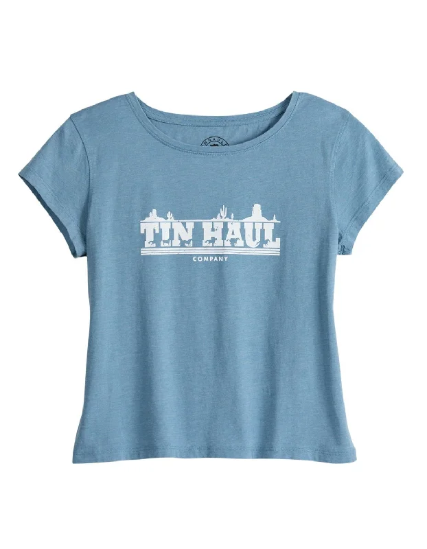 Tin Haul Womens Running Horse Blue Cotton S/S T-Shirt Zippered Front Buttoned Front Snap Front