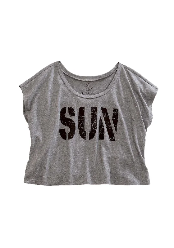 Tin Haul Womens SUN Crop Grey Cotton Blend S/S T-Shirt Denim Fabric Leather Fabric Suede Fabric