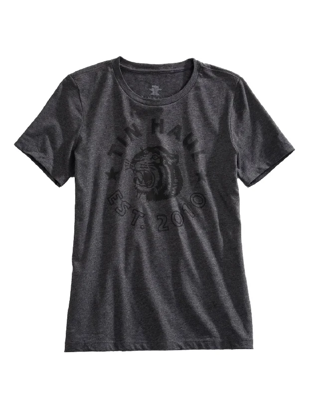 Tin Haul Womens Tiger Head Grey Cotton Blend S/S T-Shirt Collared T-Shirt Boat Neck A-Line