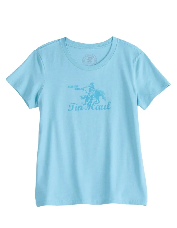 Tin Haul Womens Wear Your Metal Out Bronc Aqua Poly/Cotton S/S T-Shirt Collared Crew Neck Turtle Neck
