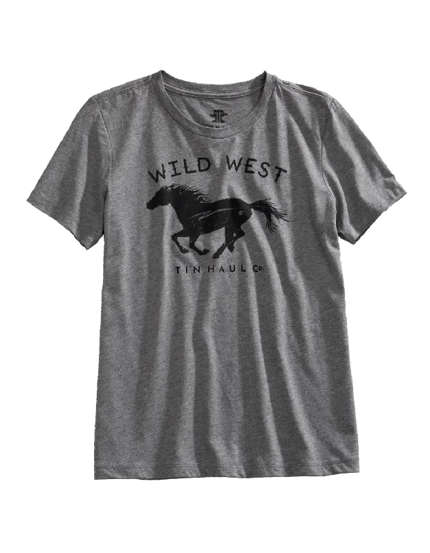 Tin Haul Womens Wild West Horse Grey Cotton Blend S/S T-Shirt Ribbed T-Shirt High Neck Heavyweight