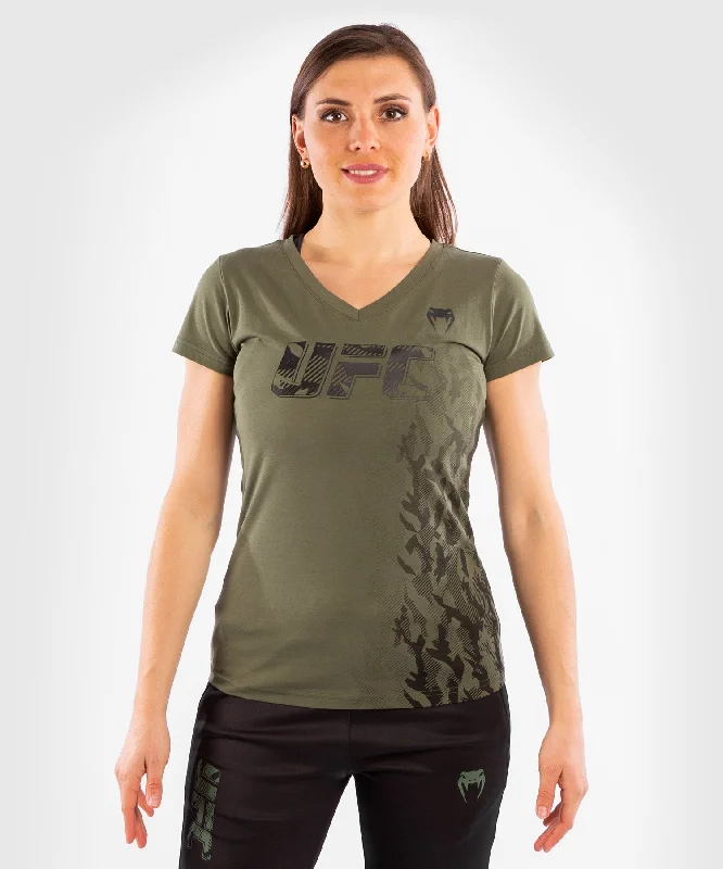 UFC Venum Authentic Fight Week Women's Short Sleeve T-shirt - Khaki Welt Pockets Slit Pockets