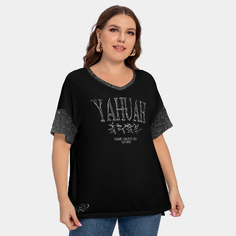 Yahuah-Name Above All Names 01-01 Ladies Designer Drop Shoulder V-neck Plus Size T-shirt with Sleeve Loops Solid Print Embellished