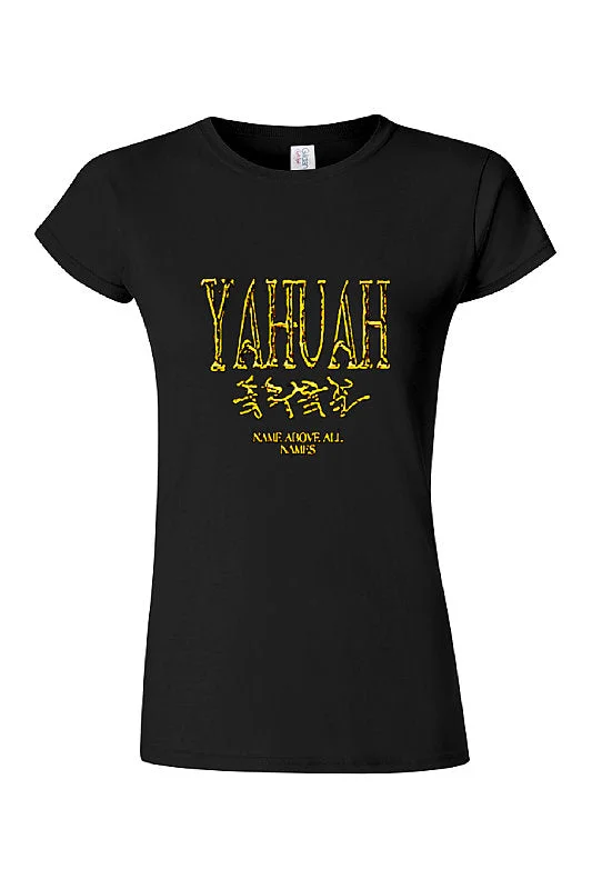 Yahuah-Name Above All Names 01-02 Designer Gildan Ladies Softstyle Fitted Cap Sleeve T-shirt (2 colors) Sequined Glittery Shiny