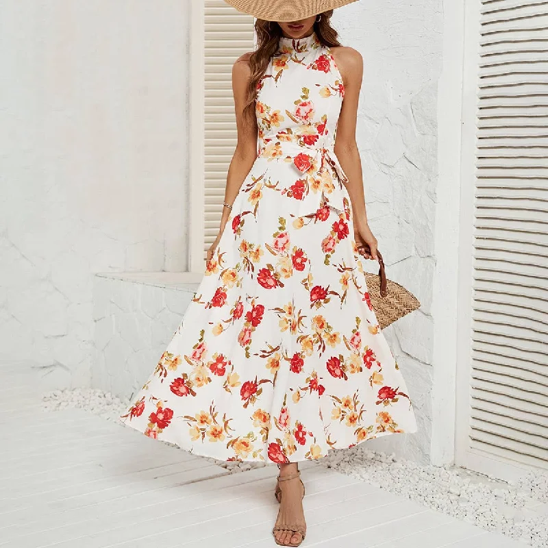 Belt-up dress with high neck and waist_CWDMD1823 Tunics Polka dots