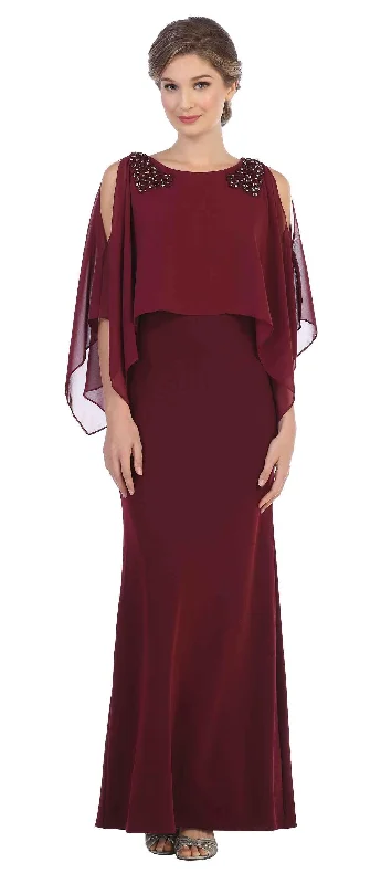 Long Formal Cape Mother of the Bride Chiffon Dress Crew Neckline Sporty