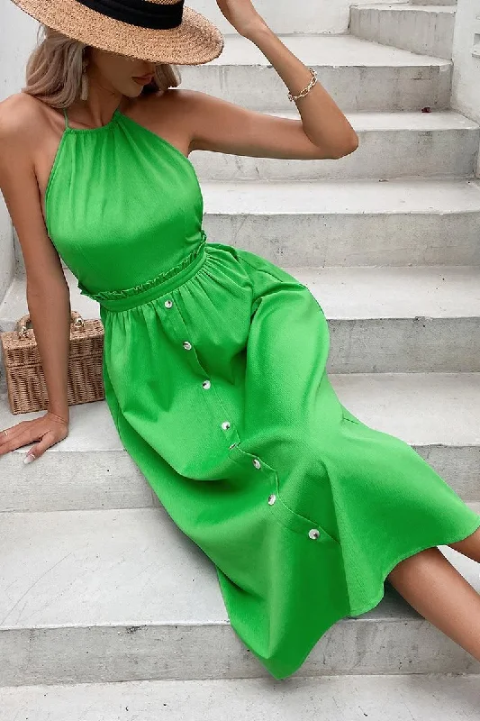 LACE WAIST BUTTON POINT GLOSSY HALTER DRESS Tunics Stylish modern