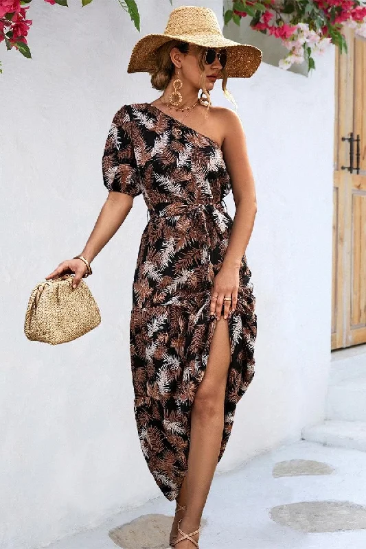 LEAVES PRINTING HALF OFF SHOULDER WOMEN LONG DRESS Tunics Formal black