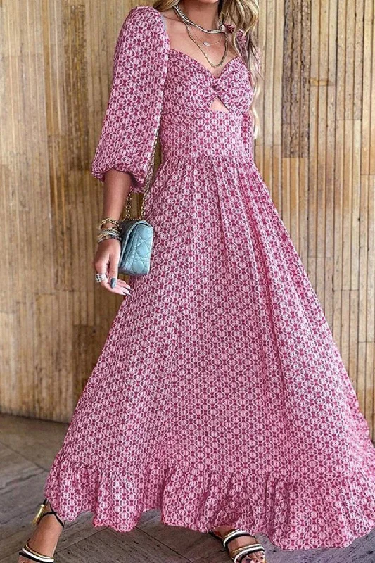 WOMEN BOHEMIAN PATTERN 3/4 SLEEVE BOHO LONG DRESS Tunics Solid Classic