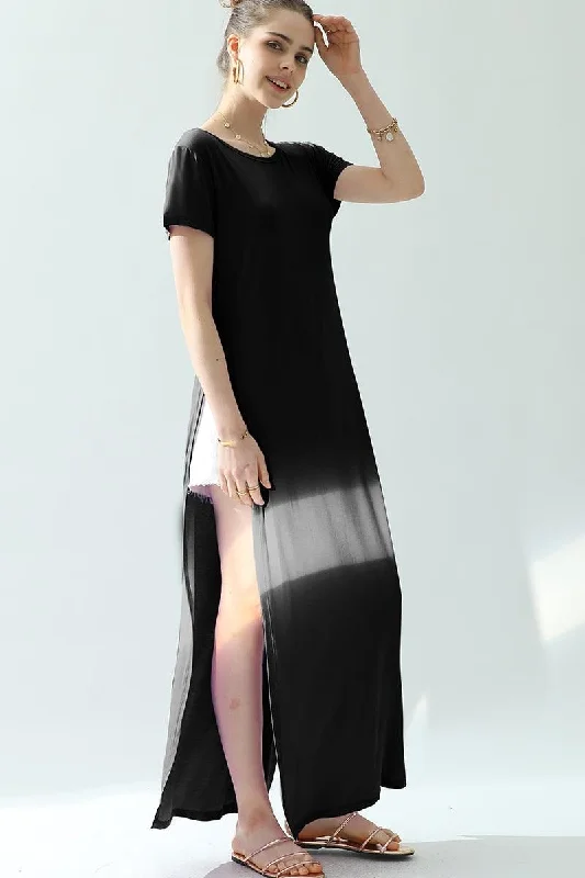ROUND NECK SHORT SLEEVE LONG DRESS WITH SLIT Tunics Fashionable chic