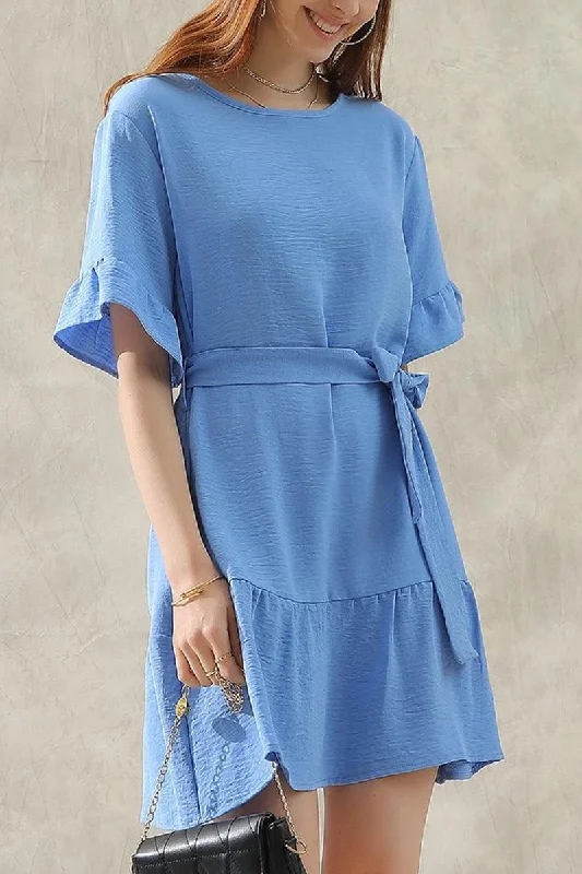 ROUND NECK WAIST BOW TIE RUFFLE SHORT DRESS Crew Neckline Casual