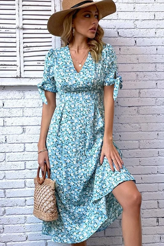 FLORAL TIGHTEN WAIST PUFF RIBBON SLEEVES DRESS Tunics Versatile stylish
