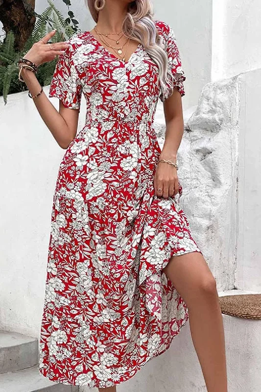 V NECK FLORAL PATTERN LONG DRESS Tunics Bridal satin