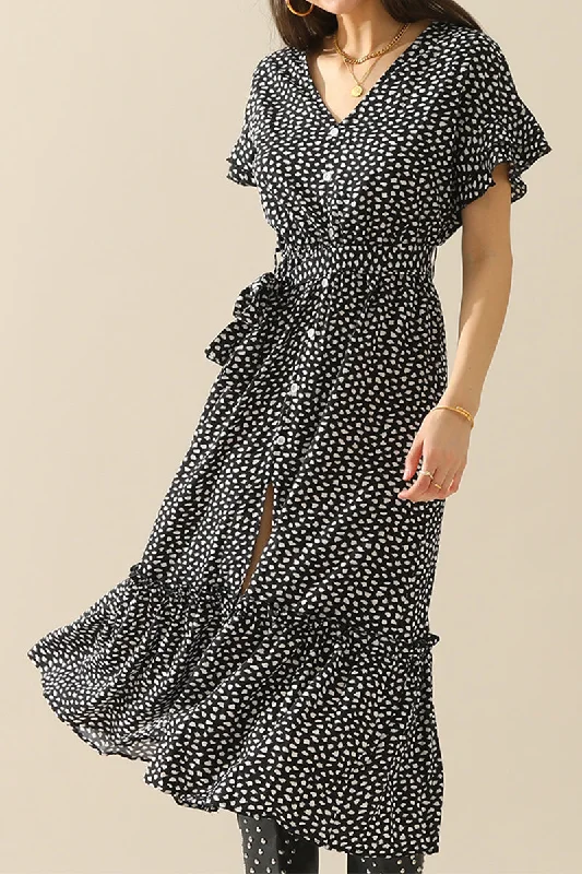LEOPARD PATTERN SLIT LONG DRESS Tunics Summer linen